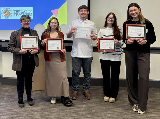 Gussie Pinson, Hannah Poole, Gavin Swaney, Madison Sheffield and Gabrielle Averill presenting at the Teaching Conference..
